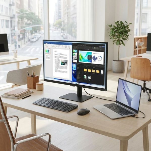 Office setup with dual monitor productivity workflow