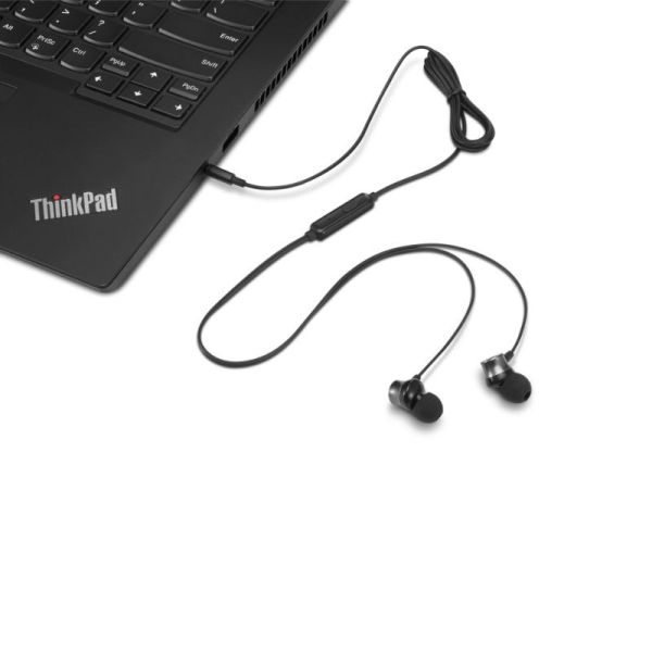 Lenovo Go Wired Earbuds connected to laptop