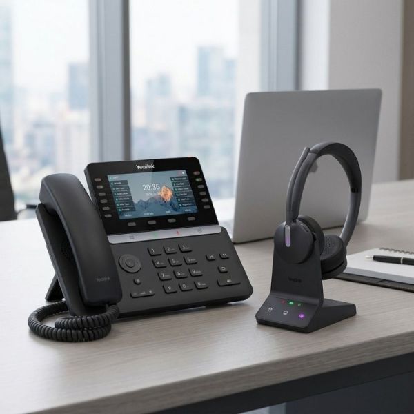 Paket: Yealink T85W IP-Telefon + Yealink WH64 Duo-Funk-Headset – IA