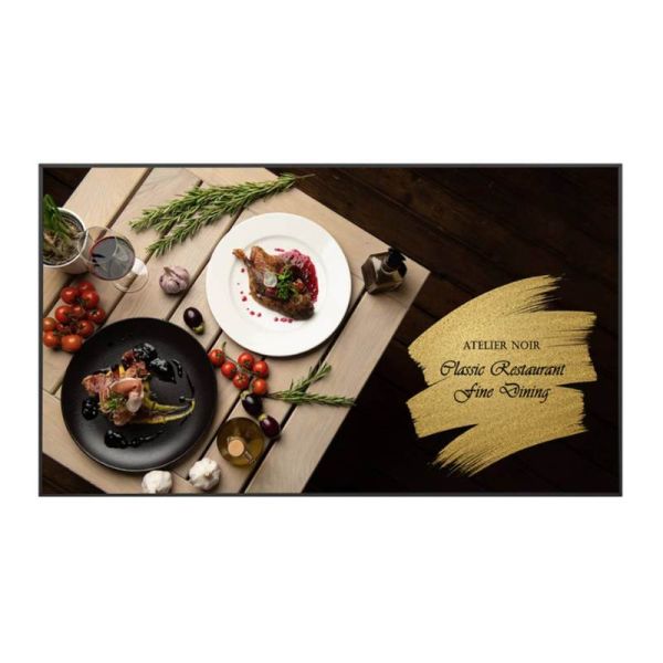 75 inch LG digital signage screen showing vibrant 4K content close-up